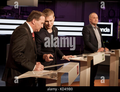 Die schwedische Wahljahr 2018 begann mit einer parteiführung Debatte im schwedischen Fernsehen, Premierminister der Sozialdemokrat Stefan löfven mit der gr Stockfoto