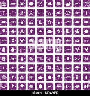 100 farm Icons Set grunge Lila Stock Vektor