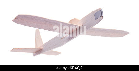 Flying Holz Spielzeug Flugzeug auf einem weißen Hintergrund. Stockfoto