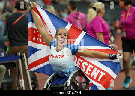 Hannah COCKROFT'S von Großbritannien feiert Gold gewinnen in 400 m der Frauen T34 Finale auf der Welt Para Meisterschaften in London 2017 Stockfoto