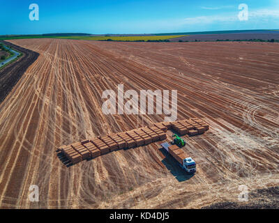 Luftaufnahme der Ernte Feld und Heuballen Stockfoto