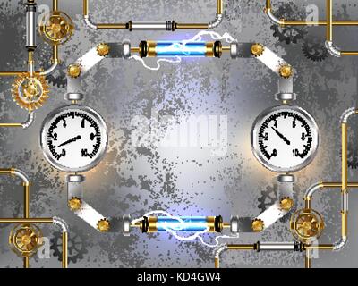 Grau, Beton, industriellen Hintergrund mit zwei Manometern und blauen Leds. Design mit Zahnrädern. steampunk Stil. industrial design. Stock Vektor