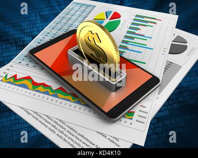 3D Abbildung des Mobiltelefons über digitale Hintergrund mit Geschäftspapieren und Münze Stockfoto