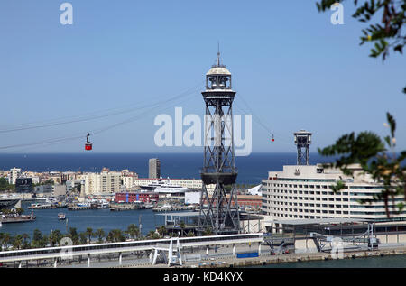 Port Vell mit der Seilbahn auf den Montjuic, Barcelona, Katalonien, Spanien Barcelona Katalonien Spanien Stockfoto