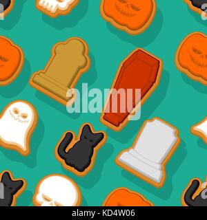 Halloween Cookies nahtlose Muster. Hintergrund Die cookies für schrecklicher Urlaub. Ghost und Kürbis. schwarze Katze und Schädel. Tombstone und Sarg. Vektor textu Stock Vektor
