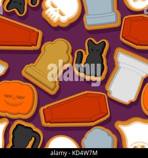 Halloween Cookies nahtlose Muster. Hintergrund Die cookies für schrecklicher Urlaub. Ghost und Kürbis. schwarze Katze und Schädel. Tombstone und Sarg. Vektor textu Stock Vektor