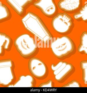 Halloween Cookies nahtlose Muster. Hintergrund Die cookies für schrecklicher Urlaub. Ghost und Kürbis. schwarze Katze und Schädel. Tombstone und Sarg. Vektor textu Stock Vektor