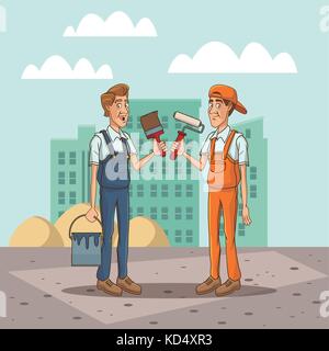 Arbeitnehmer mit Werkzeug auf stadtbild Cartoon Stock Vektor