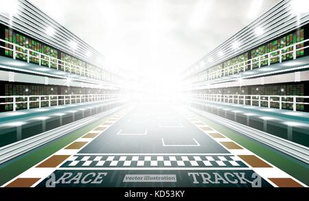 Race track Arena mit Strahler und Ziellinie. Vector Illustration. Stock Vektor