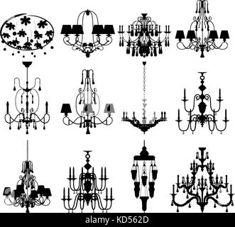 Set von 12 Silhouetten von Luxus Kronleuchter Stock Vektor