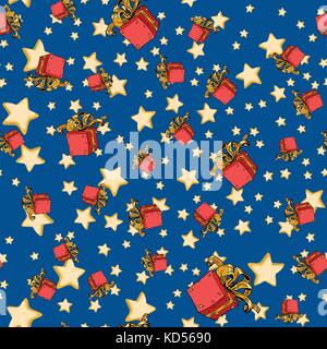 Nahtlose Hintergrund mit roter Geschenkbox und Sterne. Comic cartoon Pop Art retro Vektor illustration Zeichnung Stock Vektor