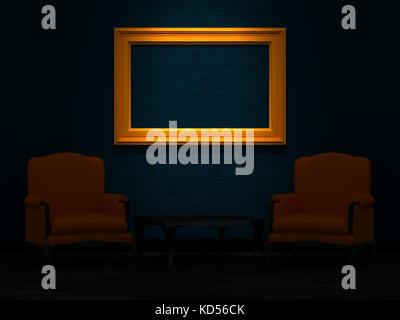 Zwei orangefarbene Stühle und Holz Tisch mit leeren Rahmen in minimalistischer Stockfoto