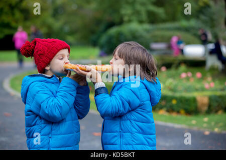 Junge Kinder im Vorschulalter, junge Brüder, salzig essen Brot mit Käse und Ketchup im Park, zusammen beißen Stockfoto