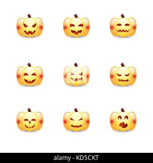 Halloween Kürbis Vektor-Symbole Emoticon Set. Niedliche Designelemente mit unterschiedlichen Emotionen. Sammlung gruselige Horrorbilder von Kürbissen. Unheimlich Jack-o-Laterne Mimik Illustration. Stock Vektor