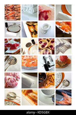 Gerichte und Tisch Sets auf einer Collage. Stockfoto