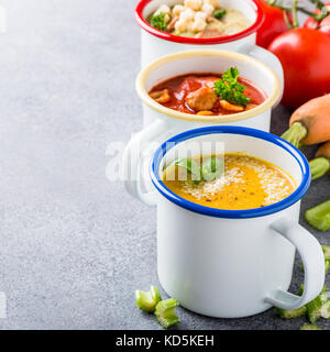 Verschiedene köstliche hausgemachte Suppen in Emaille Becher mit Zutaten. gesunde Ernährung Konzept mit kopieren. Stockfoto