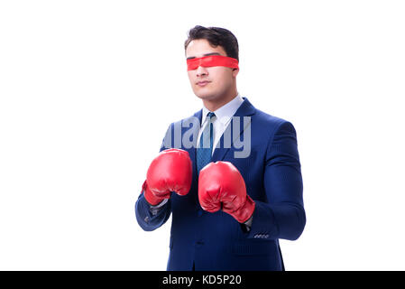 Rechtsanwalt mit Augenbinde Boxhandschuh isoliert auf weißem Stockfoto