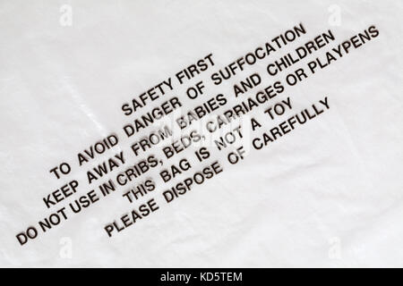 Sicherheit zuerst zu vermeiden Gefahr des Erstickens weg von Babys und Kinder aufbewahren. Nicht in Kinderbetten betten Kutschen oder Laufställe diese Tasche ist kein Spielzeug Stockfoto