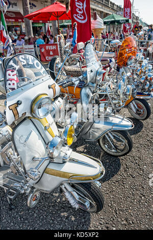 Brighton Mod Rally, August Bank Holiday Motorroller aufgereiht auf Anzeigen Stockfoto