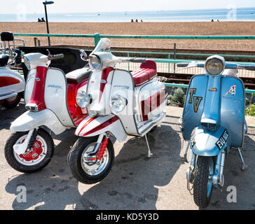 Brighton Mod Rally, August Bank Holiday Motorroller aufgereiht auf Anzeigen Stockfoto