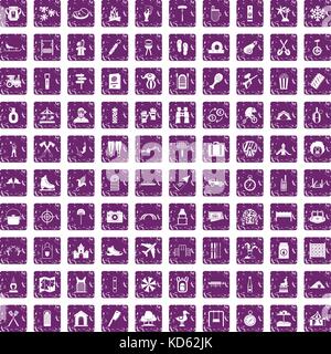 100 Urlaub Familie Symbole grunge lila Set Stock Vektor