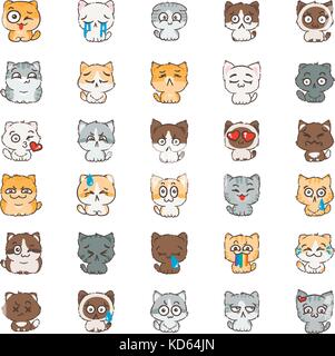 Cute Cartoon, Katzen und Hunde mit unterschiedlichen Emotionen. Aufkleber Sammlung. Vektor einrichten von Doodle Emoji und Emoticons. Stock Vektor