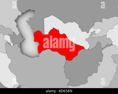 Turkmenistan in Rot auf grauer politischer Karte. 3D-Abbildung. Stockfoto