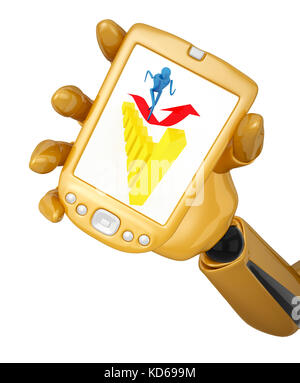 Gold 3d-roboterhand ein Gold pda mit Person auf Pfeil gedrückt. einschließlich freistellungspfad Stockfoto