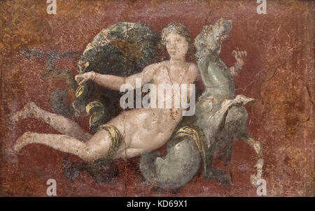 Neapel. Italien. Römischen Fresko einer Nereide auf einer Sea Horse von Villa Arianna, Castellammare di Stabia (stabiae). Museo Archeologico Nazionale di Napoli. Stockfoto