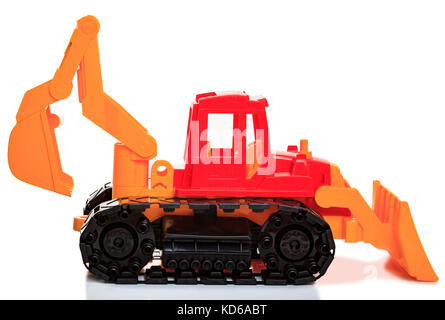 Spielzeug Bulldozer auf weißem Hintergrund Stockfoto