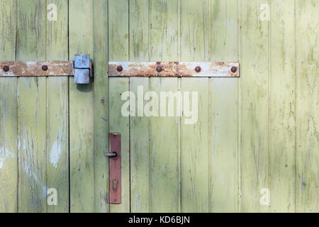 Alten grünen Holzbohlen Tür mit Nägeln Hintergrund gesperrt Stockfoto