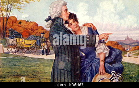 Wolfgang Amadeus Mozart mit seiner Frau Constanze auf Ihrer Hochzeitsreise. Der oesterreichische Komponist, 1756-1791. Stockfoto