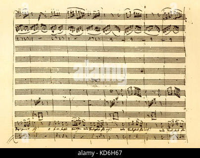 Wolfgang Amadeus Mozarts "Die Zauberflöte". Score page in der Handschrift des Komponisten. Papageno Aria. Der oesterreichische Komponist, 1756-1791. Stockfoto