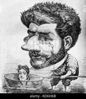 Georges Bizet - Karikatur von H Meyer auf der Abdeckung vom 28. September 1867 'iogène'. Woman's Kopf in einem Fischernetz (Pearl Fishers?). Der französische Komponist, 25. Oktober 1838-3 Juni 1875 Stockfoto