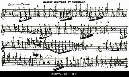 Bin arche Militaire et Orientale' Score, humorvoll mit kleinen menschlichen Figuren, die für Noten, die im März, dass die Musik begleitet dargestellt. Die treble clefs sind mit einem Schlüssel ("notenschlüssel" ist im wahrsten Sinne des Wortes "Schlüssel" in französischer Sprache gezeigt). Andere musikalische Symbole sind kreativ vertreten. Zeichnung von Grandville (1803-1847). Stockfoto