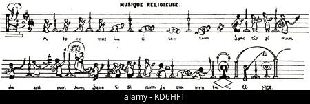 Die 'Musique religieuse": Song Score humorvoll mit Männern in Gebet, die den Noten dargestellt. Andere musikalische Symbole sind von religiösen Bildern vertreten. Die liturgischen Texte sind im Rahmen der einzelnen geschrieben 'Hinweis'. Zeichnung von Grandville (1803-1847). Stockfoto