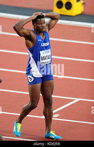 Emmanuel MATADI (Liberia), nachdem er in der Männer 100 m Wärme 1 am 2017, Leichtathletik-WM, Queen Elizabeth Olympic Park, Stratford, London, UK. Stockfoto