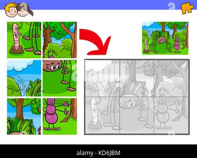 Cartoon Illustration der pädagogischen Puzzle Aktivität Spiel für Kinder mit Spinne und ameise insekt Zeichen Stock Vektor