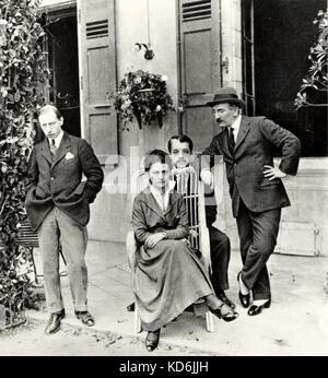 Igor Strawinsky (links) mit Anton Zatkova Kchvoshinsky, Sergej Diaghilew (hinter Mme Kovchinsky) und Leon Bakst in Lausanne, Schweiz, 1915. Strawinsky, russischer Komponist: 17. Juni 1882 bis 6. April 1971. Stockfoto