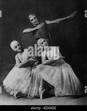 Serge Lifar, Cerniseva und Dobrowska im Ballett "Apollon Musagète". Choreographie Balanchine (Europäische Produktion) und Musik von Strawinsky, 1928. Premiere in New York (Choreographie Bolm). Russisch-französischen Tänzer, Choreograph, Regisseur und Schriftsteller, 1905-1986. Ballets Russes. Ballet Russe, Ballets Russes Stockfoto