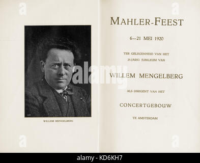 Portrait von Willem Mengelberg Neben inside Cover von 'Mahler - Feest" (Festival), Übersicht der Inhalte und Beiträge auf dem Festival veröffentlicht durch das Concertgebouw, Amsterdam, Mai 1920, für Zyklus Werke von Mahler, durchgeführt von Willem Mengelberg, vom 6. bis zum 21. Mai 1920, im Concertgebouw. Der niederländische Dirigent, 1871-1951. Stockfoto