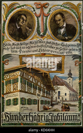 100. Jubiläum der ersten Performance von Stille Nacht (Stille Nacht, Heilige Nacht) von Joseph Mohr geschrieben und komponiert von Franz Xaver Gruber. 1818-1918. Durchgeführt am 24. Dezember 1818. Zeigt Schule in Arnsdorf, wo er arbeitete. Mohr vom 11. Dezember 1792 bis 15. Dezember 1848. Gruber, 25. November 1787 - vom 7. Juni 1863. Stockfoto