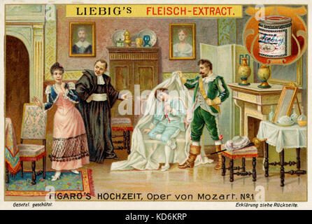 Wolfgang Amadeus Mozarts Oper die Hochzeit des Figaro (Le nozze di Figaro) Illustration zu Akt I - Cherubino entdeckt vom Grafen Almavira, mit Susanna. Libretto: Lorenzo da Ponte, nach "Le mariage de Figaro" (beaumarchais). Uraufführung: Wien, 1. Mai 1786. Der oesterreichische Komponist, 1756-1791 Liebig Fleisch-Extract Sammlung Karten Stockfoto