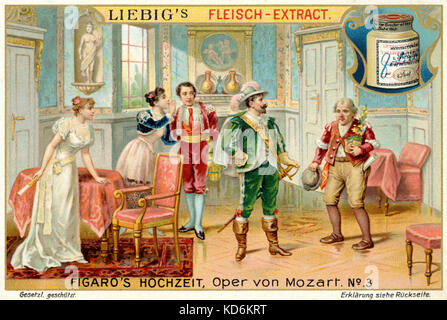 Wolfgang Amadeus Mozarts Oper die Hochzeit des Figaro (Le nozze di Figaro) Illustration zu Act II - Graf und Gräfin Almavira, Figaro und Susanna, betrunkene Gärtner Antonio. Libretto: Lorenzo da Ponte, nach "Le mariage de Figaro" (beaumarchais). Uraufführung: Wien, 1. Mai 1786. Der oesterreichische Komponist, 1756-1791 Liebig Fleisch-Extract Sammlung Karten Stockfoto