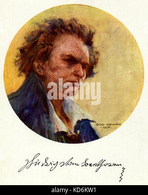 Ludwig van Beethoven - Porträt von Otto Nowak, 1925. Postkarte mit Beethovens Unterschrift. LvB, Deutscher Komponist: 1770 - 1827. Auf, Maler: 1874, 1945. Stockfoto