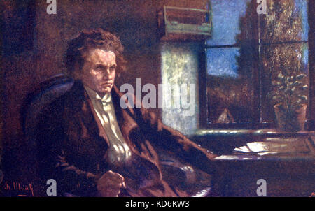 Ludwig van Beethoven am Klavier zu komponieren. Gemälde von F. Ullreich. Moonlight Sonata. Deutsche Komponist, 1770-1827. Postkarte Stockfoto