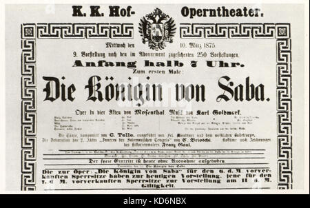 Königin von Saba (Königin von Saba Sterben), Oper von Karl Goldmark. Plakat kündigt Premiere an der Wiener Hofoper, 10.3. 1875. Österreichisch-ungarischen Komponisten, 18. Mai 1830 - 2. Januar 1915 Stockfoto