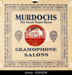 78 U/min Papier Plattencover von Murdochs - "Der große Piano House' - Gramophone Salons mit HMV (His Master's Voice) Logo - Hund und grammophon Stockfoto