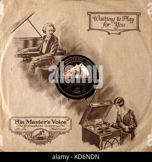 78 U/min Papier Plattencover von Wagners "Tristan und Isolde" von lauritz Melchior und Berliner Staatsoper, durchgeführt von Coates mit HMV (His Master's Voice) Logo durchgeführt. Zeichnung der Frau spielen altmodische Gramophone Stockfoto