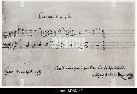 Wolfgang Amadeus Mozart's Signatur in Englisch am Ende der Kanon für 4 Stimmen vom 24. April 1787. Im Mozarteum Salzburg gefunden Stockfoto